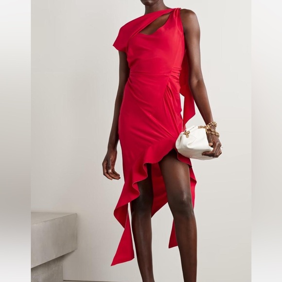 Commission - Asymmetric Cutout Stretch-silk Satin Midi Dress - Red - Picture 1 of 4